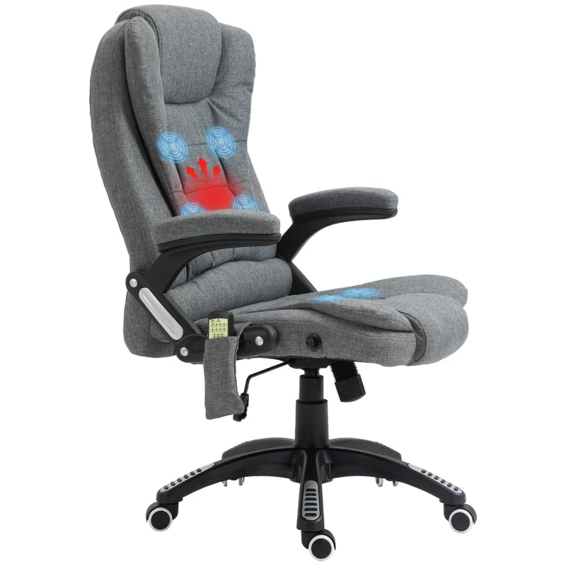 Vinsetto Massage Recliner Chair Heated Office Chair with Six Massage Points Linen-Feel Fabric 360° Swivel Wheels Grey