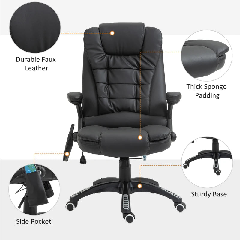 HOMCOM 6-Point Massage Office Chair with Seat Heated for Home Office, PU Leather High Back Executive Desk Chair with Adjustable Height and 360° Swivel for Work Study, Black