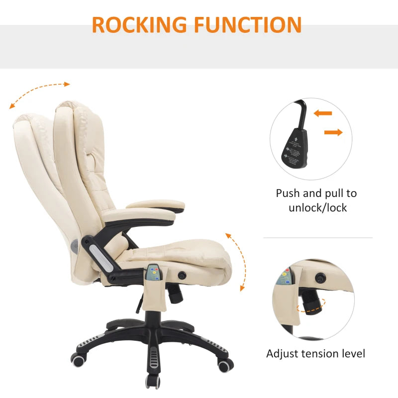 HOMCOM 6-Point Massage Office Chair with Seat Heated for Home Office, PU Leather High Back Executive Desk Chair with Adjustable Height and 360° Swivel for Work Study, Beige