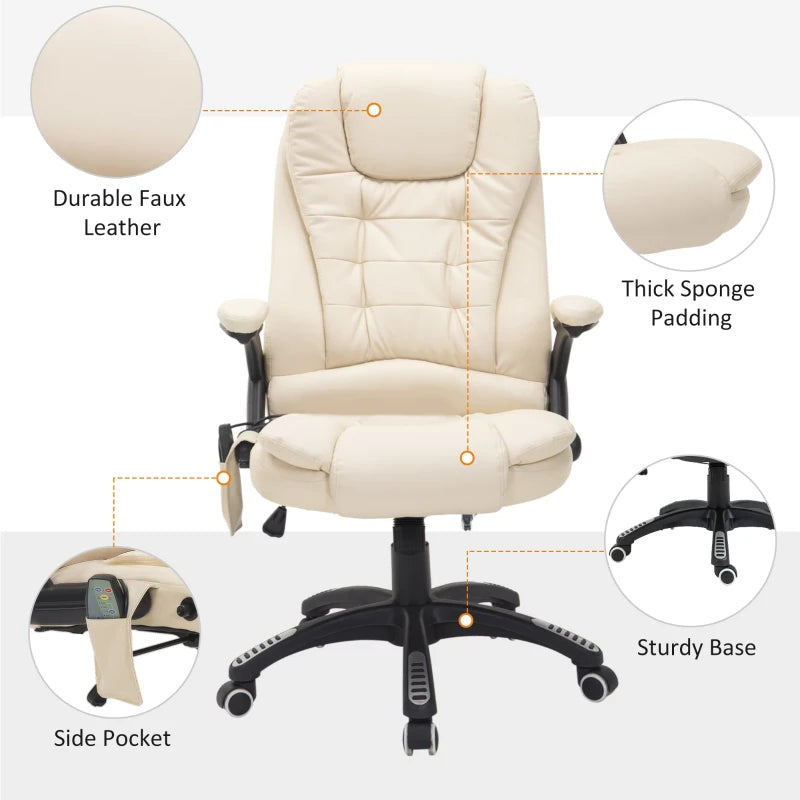 HOMCOM 6-Point Massage Office Chair with Seat Heated for Home Office, PU Leather High Back Executive Desk Chair with Adjustable Height and 360° Swivel for Work Study, Beige