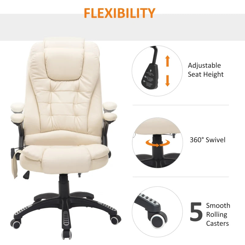 HOMCOM 6-Point Massage Office Chair with Seat Heated for Home Office, PU Leather High Back Executive Desk Chair with Adjustable Height and 360° Swivel for Work Study, Beige