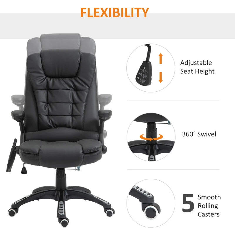 HOMCOM 6-Point Massage Office Chair with Seat Heated for Home Office, PU Leather High Back Executive Desk Chair with Adjustable Height and 360° Swivel for Work Study, Black
