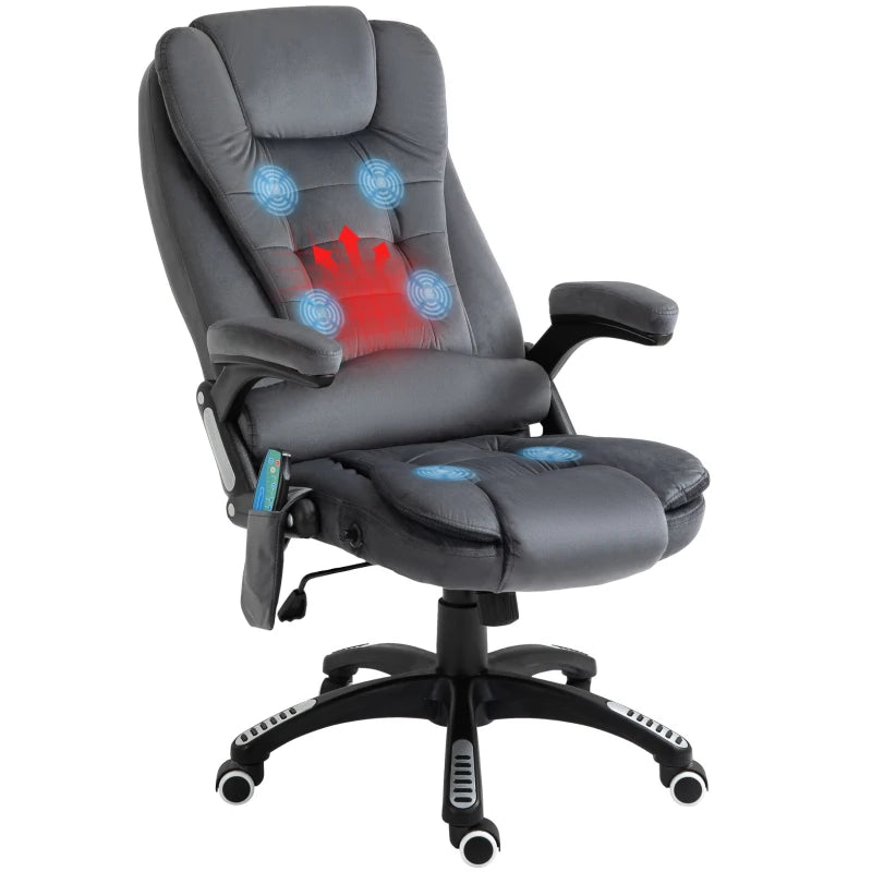 Vinsetto Massage Recliner Chair Heated Office Chair with Six Massage Points Velvet-Feel Fabric 360° Swivel Wheels Grey