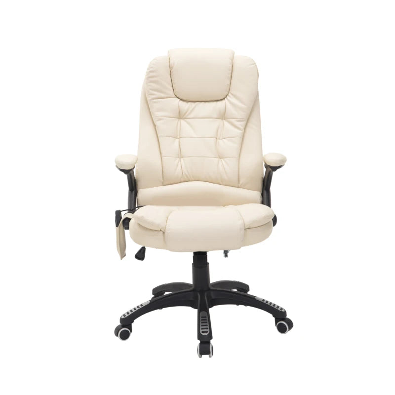 HOMCOM 6-Point Massage Office Chair with Seat Heated for Home Office, PU Leather High Back Executive Desk Chair with Adjustable Height and 360° Swivel for Work Study, Beige