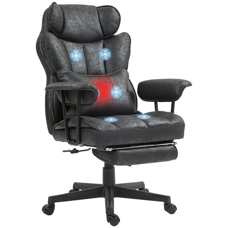 HOMCOM Office Chair with 6 Point Massage and Heat, Ergonomic Desk Chair with Foot Rest, Lumbar Support, Reclining Function and Wide Seat, Height-Adjustable High Back Swivel Rolling for Home, Black