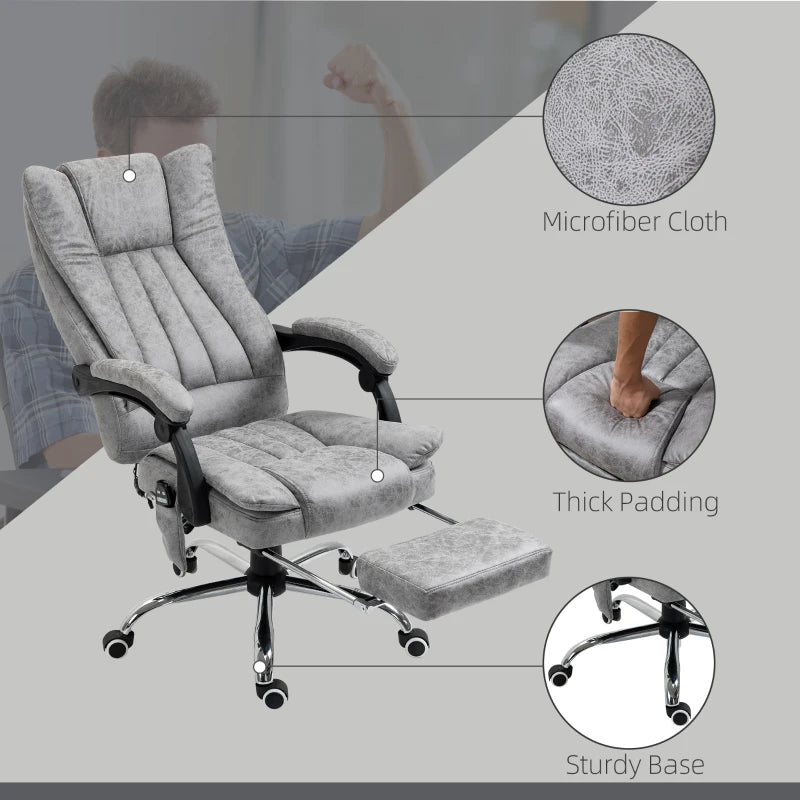 Vinsetto Office Chair with Massage and Heat, Microfibre Reclining Computer Desk Chair with Footrest and Adjustable Height, Swivel Wheels for Home Office, Grey